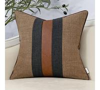 Yangest Coffee Brown Patchwork Linen Throw Pillow Cover Farmhouse Burlap Cushion Case Faux Leather Pillowcase for Sofa Couch Bedroom Living Room Home Decor,20x20 Inch