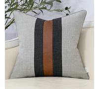 Yangest Grey Patchwork Linen Cushion Cover Farmhouse Jute Cushion Cover Faux Leather Decorative Cushion Cover for Sofa Couch Bedroom Living Room Home Decor 18 x 18 Inch