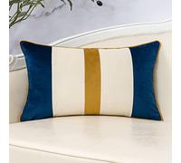 Yangest Navy Blue Patchwork Lumbar Throw Pillow Cover Striped Velvet Cushion Case Modern Neutral Oblong Pillowcase for Sofa Couch Bedroom Living Room Home Decor, 12x20 Inch