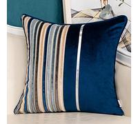 Yangest Navy Blue Striped Patchwork Throw Pillow Cover Silver Leather Cushion Cover Zippered Pillowcase for Sofa Couch Bedroom Living Room Home Decoration,18x18 Inch