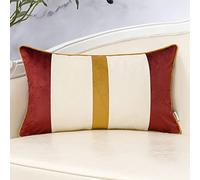 Yangest Wine Red Patchwork Lumbar Throw Pillow Cover Gold Striped Velvet Cushion Case Modern Oblong Pillowcase for Sofa Couch Bedroom Living Room Home Decor, 12x20 Inch