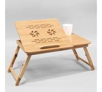 YANGHX Bamboo Adjustable Laptop Desk with Cooling Fan, Laptop Stand with Adjustable Trays, Small Drawer, Foldable Bed Tray Lap Work Tray for Working Writing Drawing Surfing Reading Eating