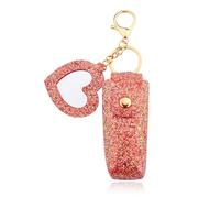 YangQian Glitter Red Lipstick Holder Keychain for Chapstick Keychain Holder with Mirror Portable Pu Leather Lip Gloss Case Key Chain Charm for Women Girls Keys Bag Accessories