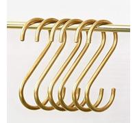 YANGQIHOME Gold Brass S Shaped Hooks (Pack of 6) - Copper, 100% Brass, S Hooks - Kitchen, Bathroom, Bedroom, Living Room, Garage