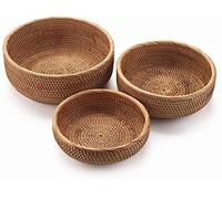 YANGQIHOME Natural Rattan Round Fruit Basket Bowls, Handwoven Storage Serving Baskets, Wicker Organizer for Dinning Room (Set of 3)