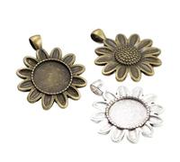 Yangshe Antique Bronze Silver Sunflower Cabochon Base Cameo Setting Charms Pendants 18mm 50pcs