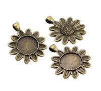 Yangshe Antique Bronze Silver Sunflower Cabochon Base Cameo Setting Charms Pendants 18mm 50pcs