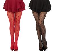 YANGSHINE 2PCS Love Heart Valentine'S Pattern Tights Women Patterned,Comfortable Fit Fashion Lace Tights for Women(Black & Red)