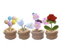 YANGSHINE 4 Pcs Mini Potted Artificial Flowers Handmade Crochet Flowers Completed Knitted Rose peach blossoms lily of the valley balloon Flower for Home Office Car Dash Decoration,Color#12