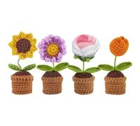 YANGSHINE 4 Pcs Mini Potted Artificial Flowers Handmade Crochet Flowers Completed Knitted Sunflower Daisy Rose Tulip Flower for Home Office Car Dash Decoration,Color#10