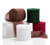 YANGTE Christmas Handmade Chiffon Silk Ribbon Fringe 1.5 Inch x 4 Rolls Total 28 Yd Frayed Edges Ribbons for Gift Wrapping, Wedding Invitations, Bridal Bouquets, DIY Crafts, Home Decor