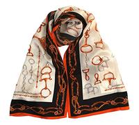 YangtzeStore Long Charmeuse Silk Scarf Floral and Graphic Print, Orange and Black