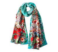 YangtzeStore Long Charmeuse Silk Scarf With Floral Print, Turquoise Flower, 67" x 20"