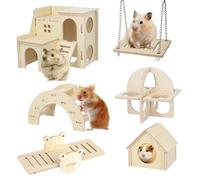YANGUN 6 Pcs Wooden Hamster Toy Set, Hamster Playground, Including House Seesaw Bridge And Swing, Boredom Breaker, Accessories for Small Animals Gerbil Guinea Pig Syrian Dwarf Hamsters