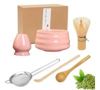 YANGUN 6Pcs Matcha Whisk Set, Matcha Tea Set with Bamboo Whisk, Ceramic Bowl, Scoop & Holder, Complete Matcha Making Kit, Reusable Matcha MakingKit for Traditional Japanese Tea Ceremony,Pink (Style 1)