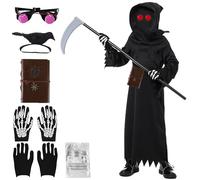 YANGUN Grim Reaper Costume, 8 Pcs scary halloween costumes with Clothes, sickle, glasses, gloves, crow, notebook and ziplock bag with warning message, Scary Fancy Dress Set for Men & Women