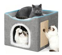 YANGUN Large Cat Cave, 2 Layer cat beds for indoor cats with Scratch Board and Fluffy Ball, Foldable Cat House for Multi Small Pets, 41x41x35cm, Grey - Pet-Safe, Durable, and Easy to Assemble