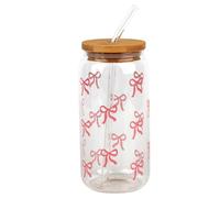 YANGUN Pink Bow Glass Cup with Lid and Straw, 16 oz Bow Cup for Bubble Tea, Coffee or Cocktail, Aesthetic Gifts for Women Girls Friends(Transparent)