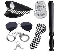 YANGUN Police Costume Accessories, 6pcs Police Accessories Set with Hat, Sunglasses, Badges, Handcuffs, Baton and Tie,Helloween Carnival Pretend Play