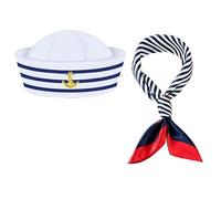 YANGWEN Sailor Hat and Scarf Set for Men & Women, Blue & White Striped Nautical Captain Costume Accessories - Fancy Dress Sailor Outfit for Cosplay, Theme Parties, Stage Performances
