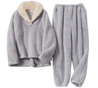 Yanhalo Womens Pyjamas Warm Fleece Pyjamas Set Winter Soft Ladies 2 Piece Nightwear Loungewear Set Longsleeve Top and Thermal Bottoms Pjs Sleepwear with Pocket Grey