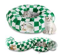 Yaning Cat Tunnel for Indoor Cats, Cute Peekaboo Cat Cave with Dangling Balls, Checkered Pet Donut Tunnel Bed with Circle Mat for Puppy Kitten Rabbit, Green/White