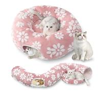 Yaning Cat Tunnel for Indoor Cats, Cute Peekaboo Cat Cave with Dangling Balls, Pet Donut Tunnel Bed with Circle Mat for Puppy Kitten Rabbit, Pink Flower