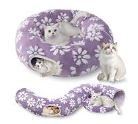 Yaning Cat Tunnel for Indoor Cats, Cute Peekaboo Cat Cave with Dangling Balls, Pet Donut Tunnel Bed with Circle Mat for Puppy Kitten Rabbit, Purple Flower