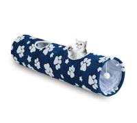 Yaning Straight Cat Tunnel for Indoor Cats 47"x12", Cute Cat Toys Collapsible Tunnel Tube with Balls for Puppy Kitten Rabbit, Blue Paw