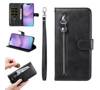 YANJIEER Wallet Phone Case for Realme C75 4G 5G/P3X/V70/14X 5G/C71 4G/C73 Leather Zipper Flip Cover with Card Holder Cash Pocket Wrist Strap, Magnetic Closure, Kickstand, Shockproof Protective Black