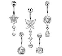 YANJINGSHE Belly Button Bars, 5Pcs Silver Dangle Navel Piercing, Hypoallergenic Surgical Steel, Secure Thread, Beach & Summer Outfit Jewellery