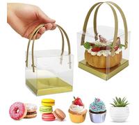 YankMooM 10Pcs Clear Cake Boxes, 10x10x10cm Small Transparent Cupcake Boxes Party Favour Boxes Gift Packaging Boxes with Handle and Base for Wedding Birthday Party Baby Shower