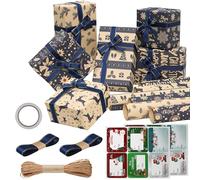 YankMooM 12 Sheets Christmas Wrapping Paper,70x50cm Vintage Xmas Wrapping Paper Blue Kraft Gift Wrapping Paper Set for Christmas Decoration and DIY Craft