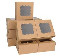 YankMooM 15PCS Kraft Cake Boxes with Window,6x6x2.5inch Brown Bakery Boxes with Display Cardboard Cookie Boxes for Cakes,Strawberries,Donuts,Muffins,Macaroon