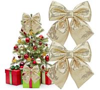 YankMooM 2Pcs Christmas Bows for Tree,25x25cm Glitter Gold Christmas Tree Bows Wreaths Bows Xmas Decorative Bows for Christmas Home Party Decorations