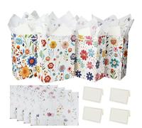 YankMooM 4Pcs Paper Gift Bags,23x18x10cm Flower Paper Bags Medium Party Present Bags with Handle for Wedding Baby Shower Birthday Celebration Christmas Party