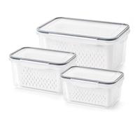 YANKOIUK 3 Set Fruit Vegetable Storage Containers with Drain Baskets - Stackable Fridge Bins for Washing, Draining & Extended Freshness - Keep Produce & Meat Fresh Longer (White)