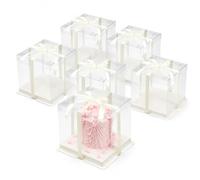 YANKOIUK 6 Pcs Clear Gift Box with 22M Ribbon, 2-Layer 17x17x20cm Tall Box | Transparent PET Cake Carrier with Lids, Perfect for Birthday, Wedding, Festival & Party Packaging and Gift Presentation