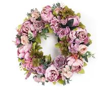 Yanmis Artificial Peony Wreath for Front Door Spring Summer Decorative Flower Wreath 18 Inch Pastoral Home Wall Decor (Vintage Dusty Rose Peony)