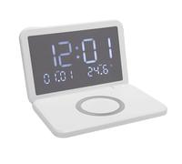 Yanmis Digital Clock with WL Charger, WL Charging Station Alarm Clock Foldable, Calendar Temp LED Mirror Display for Bedrooms, Desk, Living Room Table, Bedside, Nightstand (White)