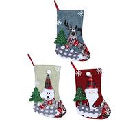 Yanmis Linen Christmas Stocking Gift Bag Set - 3 Pack Santa Snowman Reindeer Pattern, 9.3x5.9in Holiday Candy Sack for Tree Door Fireplace Decor, Indoor Outdoor Use, Includes Tissue Paper