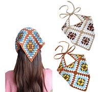 Yanmucy 2 Pieces Crochet Hair Bandanas for Women, Boho Floral Head Scarf for Women, Crocheted Triangle Head Scarf, Vintage Flowers Hair Scarf (Coffee & Blue)