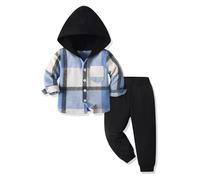 Yanmucy Baby Boys Clothes Outfit 2PCS Cotton Plaid Toddler Boy Hoodies Shirt Tops +Pants Set Sweatsuit Suit Kids Tracksuit Spring Fall Winter Clothing Set (Blue, 6-7 Years)