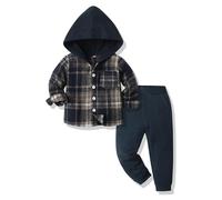 Yanmucy Baby Boys Clothes Outfit 2PCS Cotton Plaid Toddler Boy Hoodies Shirt Tops +Pants Set Sweatsuit Suit Kids Tracksuit Spring Fall Winter Clothing Set (Dark blue, 6-7 Years)