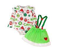 Yanmucy Baby Girl Christmas Dresses Outfits Toddler Plush Suspender Skirt+ Printed Romper Bodysuit Newborn Infant My First Christmas Outfit Baby Christmas Clothes Set 0-24 Months (Green, 18-24 Month)