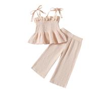 Yanmucy Baby Girl Summer Clothes 2PCS Ruffle Sleeveless Cami Tops and Long Pant Set Toddler Infant Soild Ribbed Outfis (Beige, 12-18 Months)