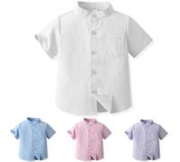 Yanmucy Boys Baby Short Sleeve Top Stand Collar Button Down Shirt Summer Little Big Boy's Causal Shirts for 2-8 Years (UK, Age, 7 Years, 8 Years, Regular, White)