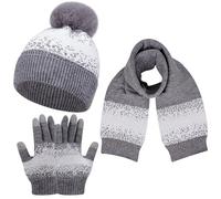 Yanmucy Hat Scarf and Gloves Set Ladies Winter Beanie Knitted Hat Long Scarf Touch Screen Gloves Set for Women Pom Pom Bobble Hat Winter Cold Weather Sets Outdoor Skiing (Grey)