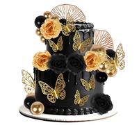 Yanmucy Rose Gold Cake Decorations Boho Cake Topper Happy Birthday Cake Toppers Pink Balls Artificial Flowers Leaf Cake Decorating for Wedding Valentines Party (Black Gold)