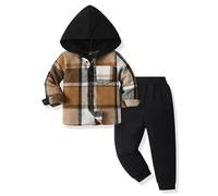 Yanmucy Toddler Baby Boys Clothes Outfit 2PCS Cotton Plaid Boy Hoodies Shirt Tops +Pants Set Little Boys Sweatsuit Suit Kids Tracksuit Spring Fall Winter Clothing Set (Brown, 2-3 T)